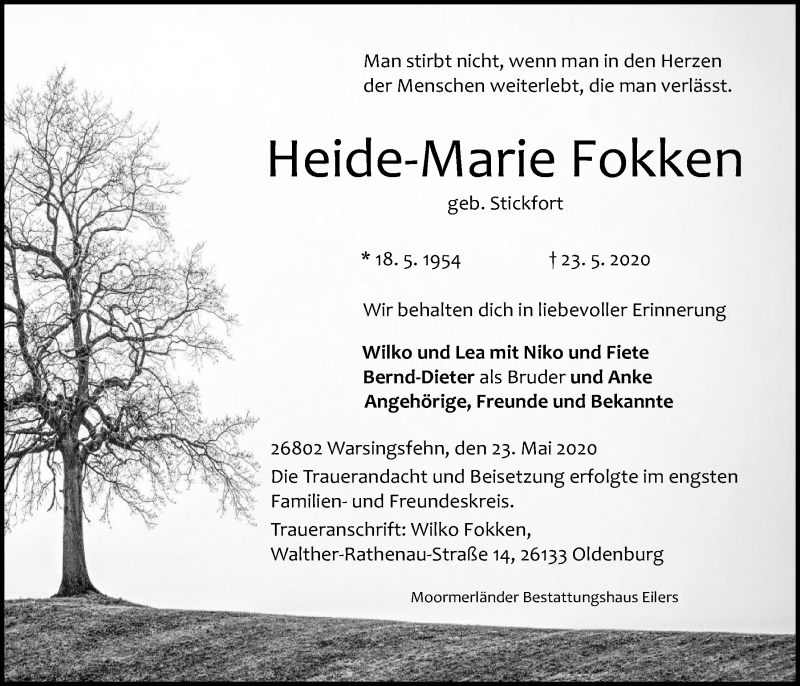  Traueranzeige für Heide-Marie Fokken vom 30.05.2020 aus Nordwest-Zeitung