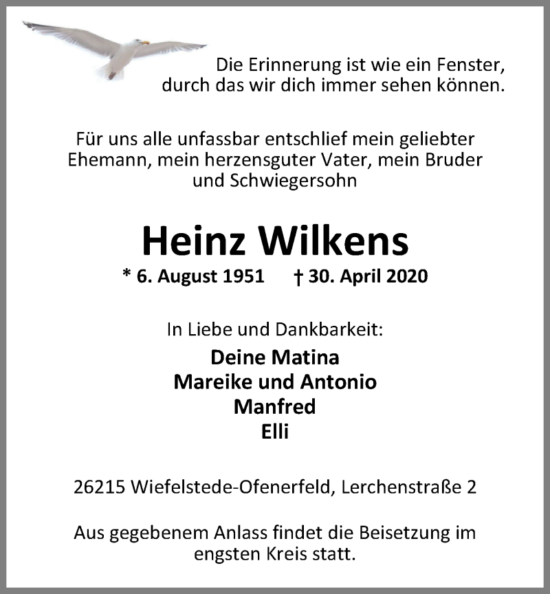  Traueranzeige für Heinz Wilkens vom 09.05.2020 aus Nordwest-Zeitung