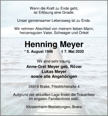 Traueranzeige von Henning Meyer von Nordwest-Zeitung
