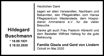 Traueranzeige von Hildegard Buschmann von Nordwest-Zeitung