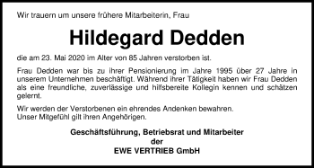 Traueranzeige von Hildegard Dedden von Nordwest-Zeitung