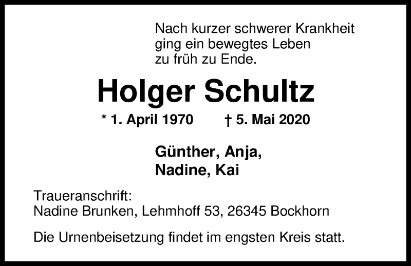  Traueranzeige für Holger Schultz vom 27.05.2020 aus Nordwest-Zeitung