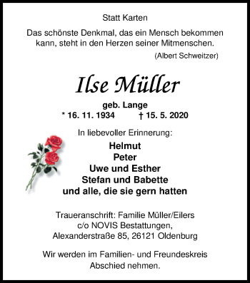 Traueranzeige von Ilse Müller von Nordwest-Zeitung