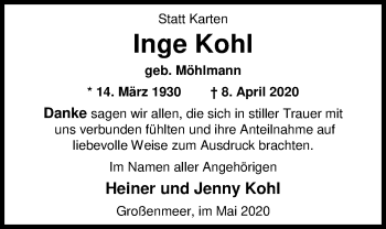 Traueranzeige von Inge Kohl von Nordwest-Zeitung
