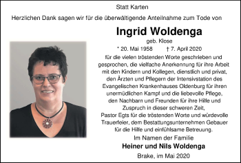 Traueranzeige von Ingrid Woldenga von Nordwest-Zeitung