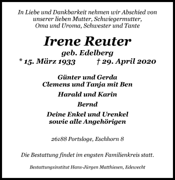 Traueranzeige von Irene Reuter von Nordwest-Zeitung