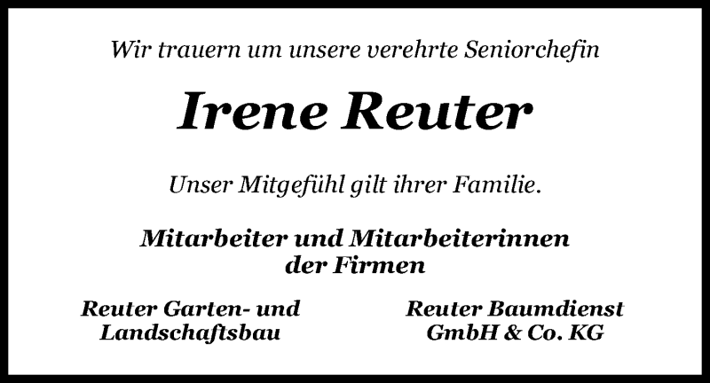  Traueranzeige für Irene Reuter vom 02.05.2020 aus Nordwest-Zeitung
