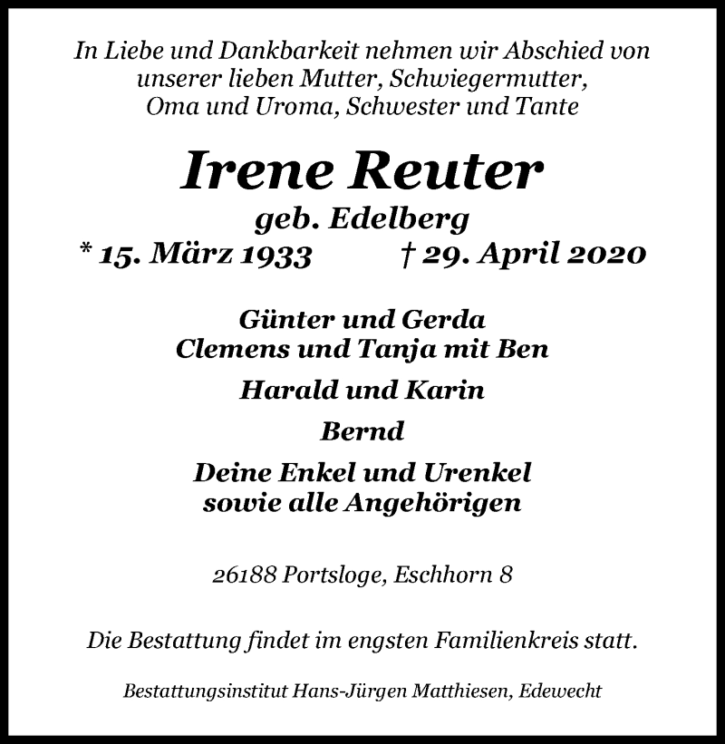 Traueranzeige für Irene Reuter vom 02.05.2020 aus Nordwest-Zeitung