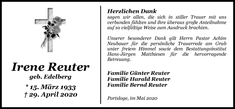  Traueranzeige für Irene Reuter vom 30.05.2020 aus Nordwest-Zeitung