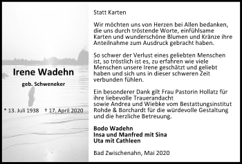 Traueranzeige von Irene Wadehn von Nordwest-Zeitung
