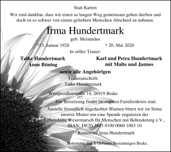 Traueranzeige von Irma Hundertmark von Nordwest-Zeitung