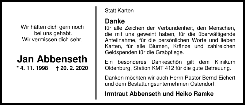  Traueranzeige für Jan Abbenseth vom 09.05.2020 aus Nordwest-Zeitung