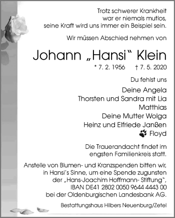Traueranzeige von Johann (Hansi) Klein von Nordwest-Zeitung