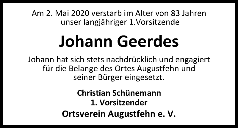  Traueranzeige für Johann Geerdes vom 06.05.2020 aus Nordwest-Zeitung