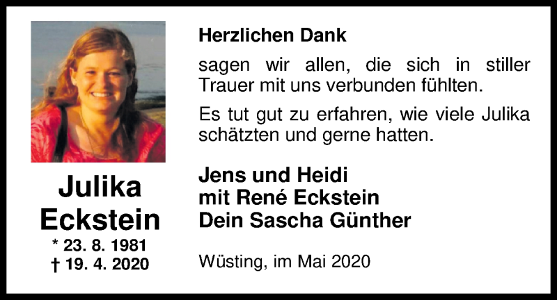  Traueranzeige für Julika Eckstein vom 23.05.2020 aus Nordwest-Zeitung