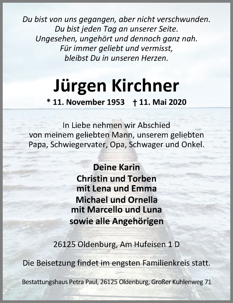  Traueranzeige für Jürgen Kirchner vom 16.05.2020 aus Nordwest-Zeitung