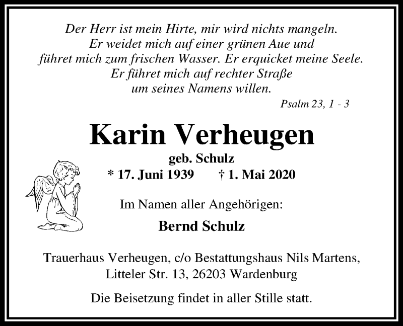  Traueranzeige für Karin Verheugen vom 09.05.2020 aus Nordwest-Zeitung