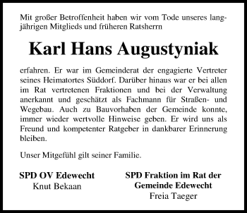 Traueranzeige von Karl Hans Augustyniak von Nordwest-Zeitung