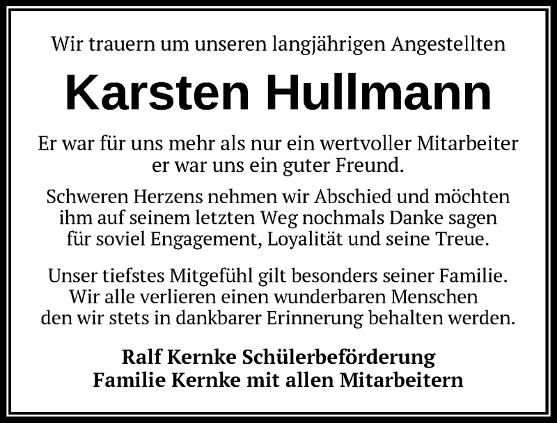  Traueranzeige für Karsten Hullmann vom 13.05.2020 aus Nordwest-Zeitung
