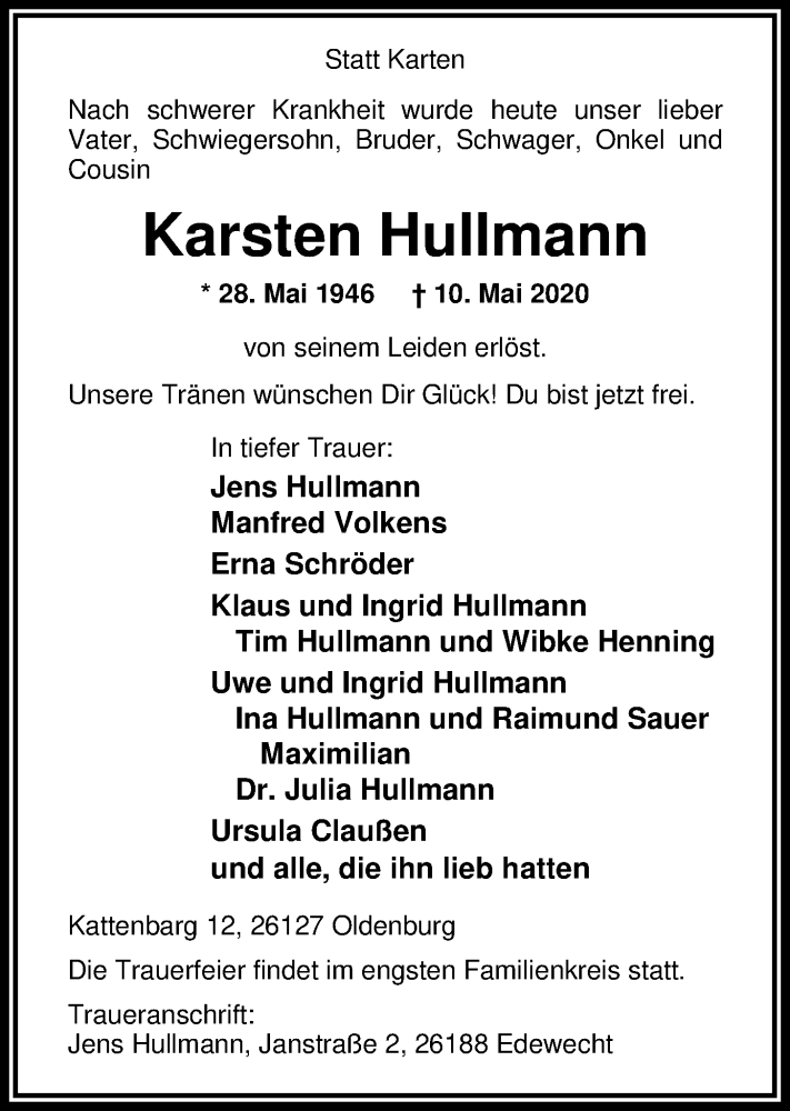  Traueranzeige für Karsten Hullmann vom 13.05.2020 aus Nordwest-Zeitung