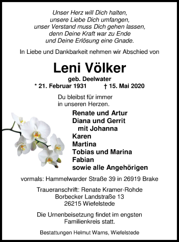 Traueranzeige von Leni Völker von Nordwest-Zeitung