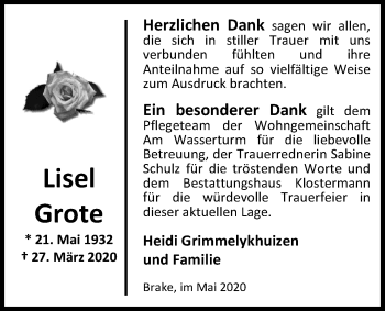 Traueranzeige von Lisel Grote von Nordwest-Zeitung