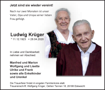 Traueranzeige von Ludwig Krüger von Nordwest-Zeitung