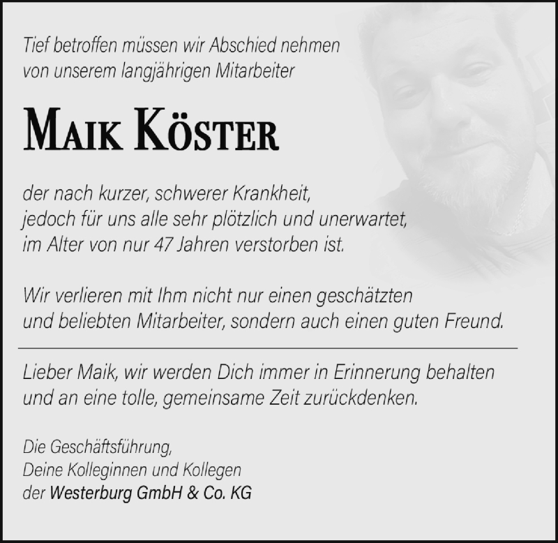  Traueranzeige für Maik Köster vom 22.05.2020 aus Nordwest-Zeitung
