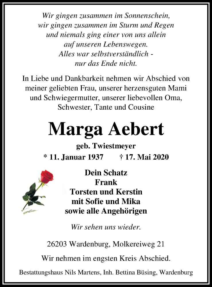  Traueranzeige für Marga Aebert vom 20.05.2020 aus Nordwest-Zeitung