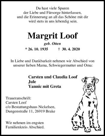 Traueranzeige von Margrit Loof von Nordwest-Zeitung