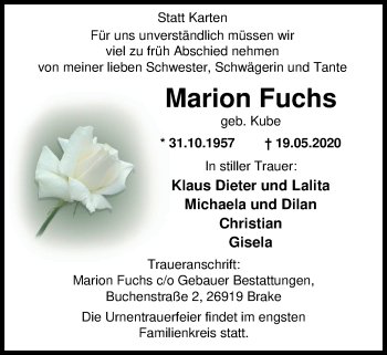 Traueranzeige von Marion Fuchs von Nordwest-Zeitung