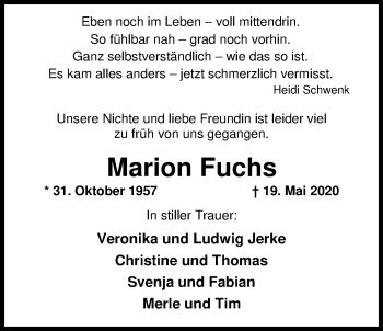Traueranzeige von Marion Fuchs von Nordwest-Zeitung