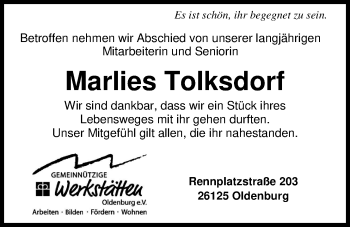 Traueranzeige von Marlies Tolksdorf von Nordwest-Zeitung