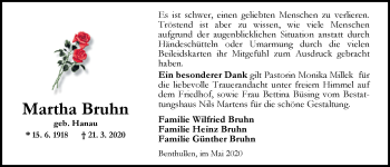 Traueranzeige von Martha Bruhn von Nordwest-Zeitung