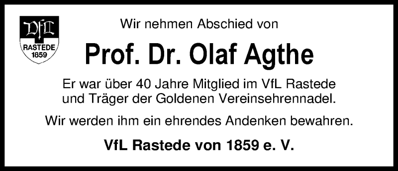  Traueranzeige für Prof. Dr. Olaf Agthe vom 08.05.2020 aus Nordwest-Zeitung
