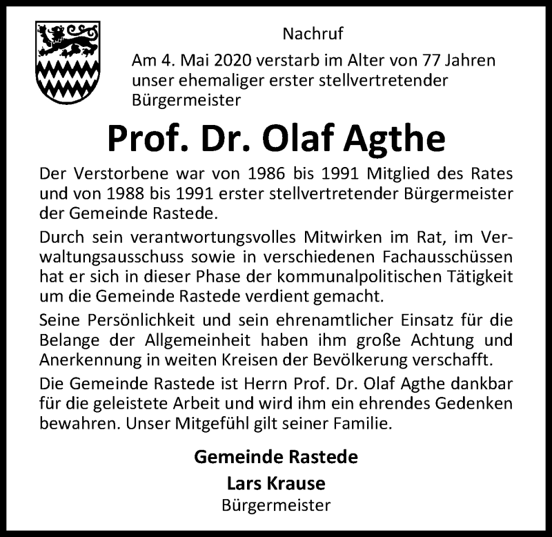 Traueranzeige für Prof. Dr. Olaf Agthe vom 07.05.2020 aus Nordwest-Zeitung