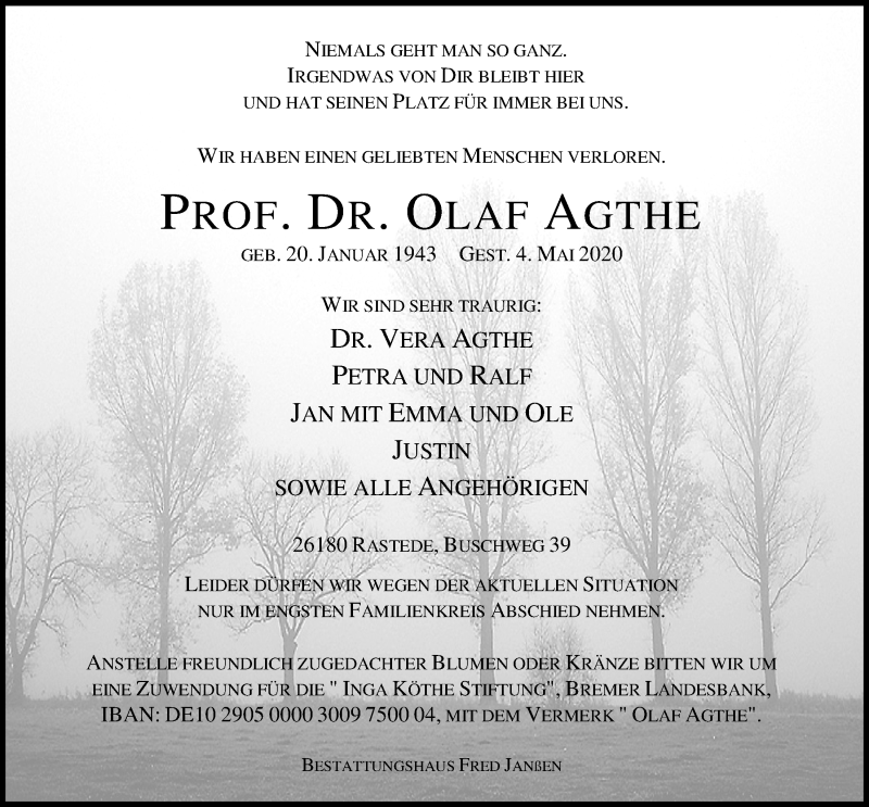  Traueranzeige für Prof. Dr. Olaf Agthe vom 06.05.2020 aus Nordwest-Zeitung