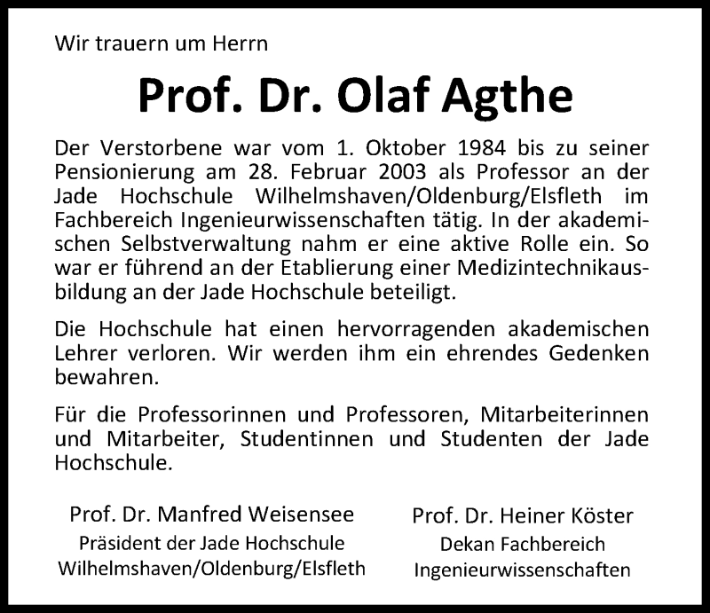  Traueranzeige für Prof. Dr. Olaf Agthe vom 09.05.2020 aus Nordwest-Zeitung