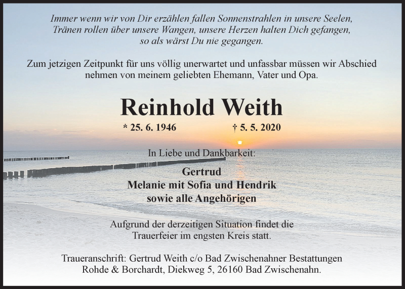  Traueranzeige für Reinhold Weith vom 08.05.2020 aus Nordwest-Zeitung