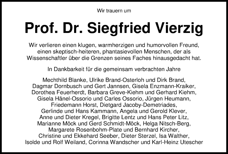  Traueranzeige für Siegfried Vierzig vom 30.05.2020 aus Nordwest-Zeitung