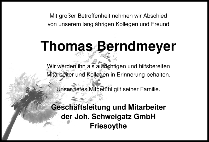  Traueranzeige für Thomas Berndmeyer vom 27.05.2020 aus Nordwest-Zeitung