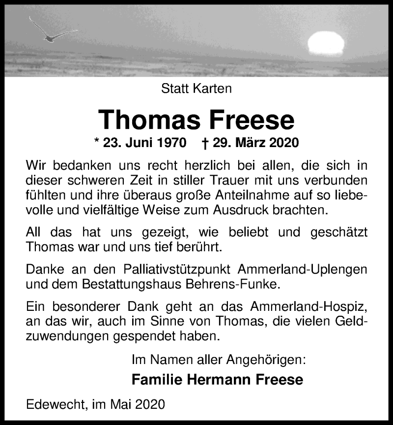  Traueranzeige für Thomas Freese vom 16.05.2020 aus Nordwest-Zeitung