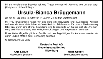 Traueranzeige von Ursula-Bianca Brüggemann von Nordwest-Zeitung