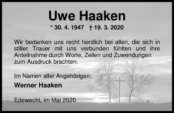 Traueranzeige von Uwe Haaken von Nordwest-Zeitung