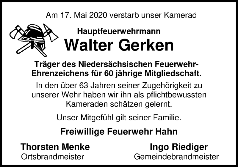  Traueranzeige für Walter Gerken vom 22.05.2020 aus Nordwest-Zeitung