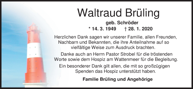  Traueranzeige für Waltraud Brüling vom 09.05.2020 aus Nordwest-Zeitung