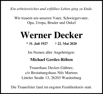 Traueranzeige von Werner Decker von Nordwest-Zeitung