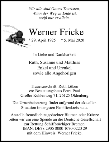 Traueranzeige von Werner Fricke von Nordwest-Zeitung