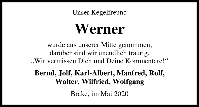  Traueranzeige für Werner Wiechmann vom 26.05.2020 aus Nordwest-Zeitung