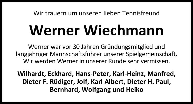  Traueranzeige für Werner Wiechmann vom 26.05.2020 aus Nordwest-Zeitung